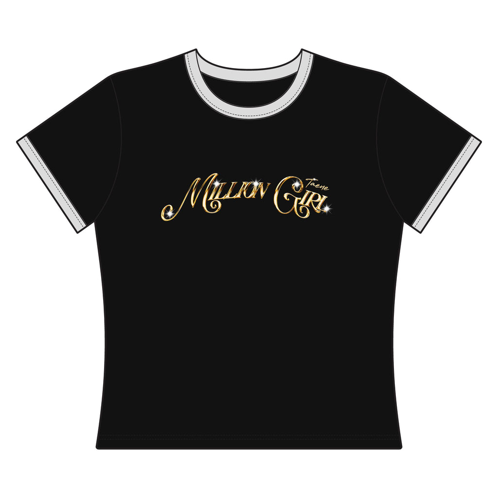 Taene "Million Girl" Women's Ringer Tee – Retro Gold Script Graphic Shirt