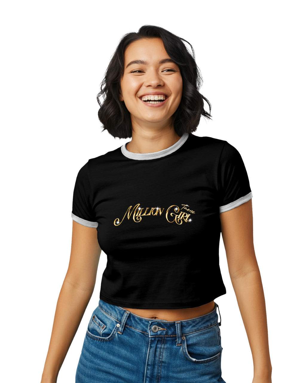 Taene "Million Girl" Women's Ringer Tee – Retro Gold Script Graphic Shirt